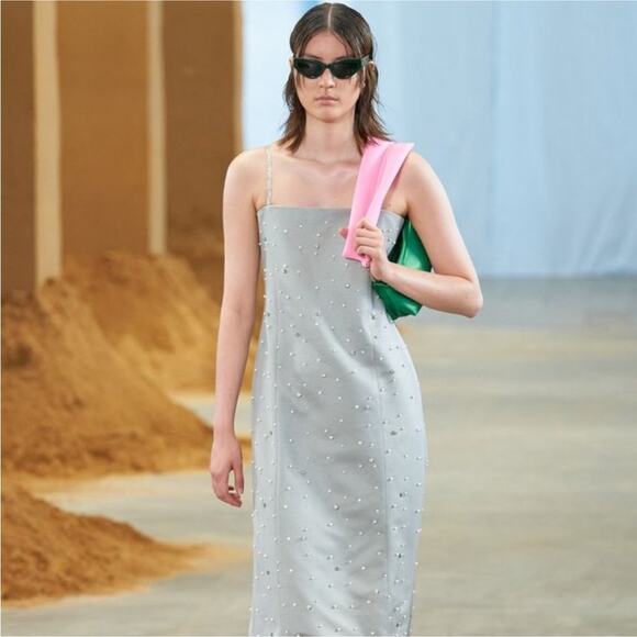 STINE GOYA Aly Wool Blend Beaded Rhinestone Gray Midi Dress M - Picture 2 of 12